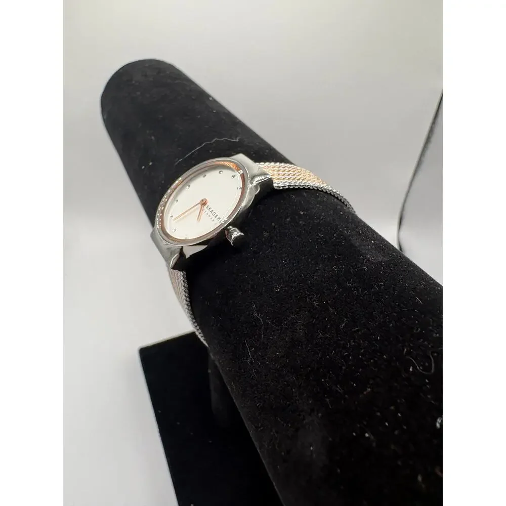 Skagen Denmark Women Watch Silver Mesh Bracelet Crystal Hour Markers Silver